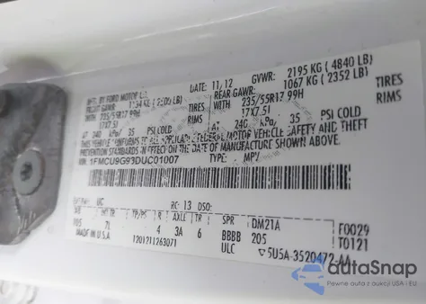 2013 Ford Escape Se z USA, uszkodzony, nr VIN 1FMCU9G93DUC01007